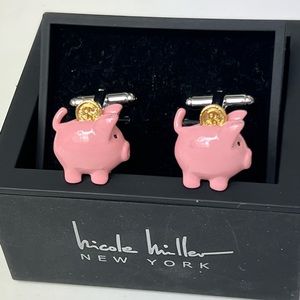 NICOLE MILLER NEW YORK PINK ENAMELED PIGGY BANK CUFFLINKS NWT